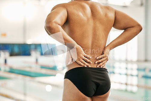 Image of Back injury, swimming and sports person massage anatomy problem from exercise, training or practice workout. Pain, cardio and closeup swimmer sore from athlete fitness, medical emergency or crisis