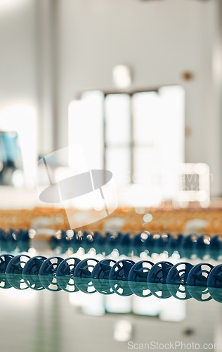 Image of Swimming pool, sport lane lines and plastic water divider for workout and training race in gym. Sports, fitness and exercise for competition in a health, wellness and club equipment for game