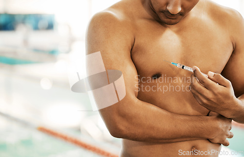 Image of Athlete, man and injection with needle, illegal and ban drugs with swimmer, steroids and muscle. Person, bare and guy with syringe, health or sports with cheating, testosterone and medicine addiction