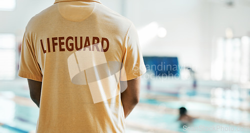 Image of Lifeguard safety, swimming pool and back of person ready for job, rescue support or helping with danger, security or life saving. Mockup space, public worker and first aid expert for protection care