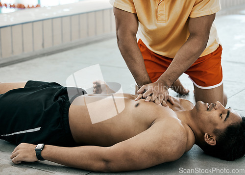 Image of Cpr, first aid and rescue with people at swimming pool for healthcare, emergency and safety. Paramedic, helping and medical with lifeguard saving man for breathing, danger and drowning accident