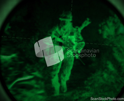Image of Dark, night vision and soldier in the military, war or mission for army with surveillance, security or agent of government. Green, man or person with overlay of sniper telescope view or enemy