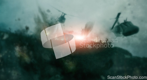 Image of Helicopter, warzone and apocalypse with explosion on battlefield for missile, army and bomb launch. Warrior, solider and target with fight in city for military mission, rocket and nuclear attack