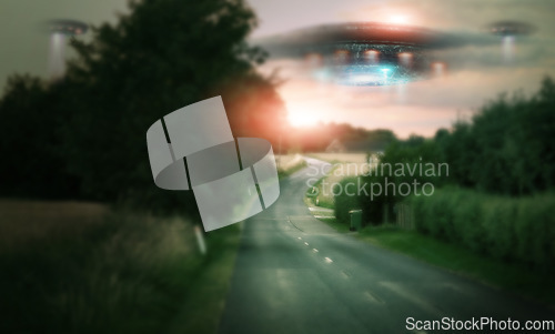 Image of Road, UFO or spaceship with galaxy mission, countryside or planet with travel, alien transport or extraterrestrial. Craft, nature or trees with light beam, universe or science fiction with innovation