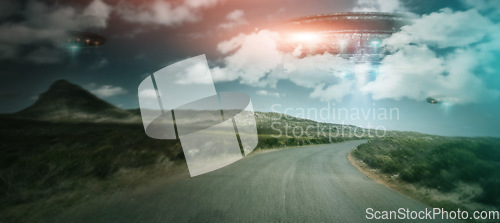 Image of Road, UFO and spaceship with blue sky, innovation and planet with travel, alien and transport with science fiction. Craft, technology and trees with light beam, universe and galaxy mission with glow