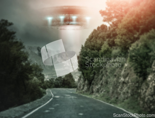 Image of Road, UFO and spaceship with nature, galaxy mission and planet with travel, alien and transport with fantasy. Craft, streets and trees with light beam, universe and science fiction with innovation