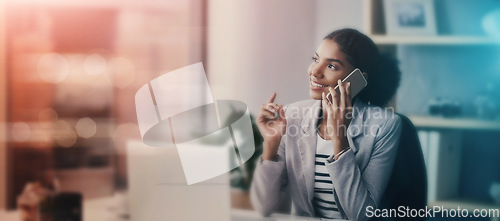 Image of Business, thinking and woman with phone call, communication and networking with b2b, client or planning crm. Corporate, employee or entrepreneur talking on smartphone in office mockup or bokeh