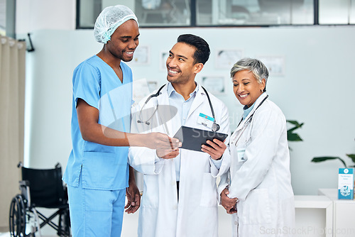 Image of Group, doctors and nurse with a tablet, teamwork and connection with internet, conversation and network. Happy people, medical professionals and employees with technology, healthcare and planning