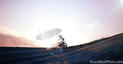 Image of Motorcycle, person and driving for training or sports with fitness, balance or challenge in nature on mock up space and sky. Bike, freedom and adventure for competition, exercise or talent in desert