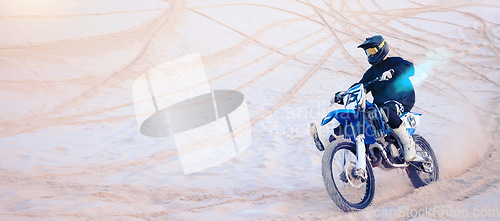 Image of Fitness, desert and athlete on motorbike for action, adrenaline and skill training for challenge, Sports, sand dunes and man biker practicing for race, competition or performance adventure at a rally