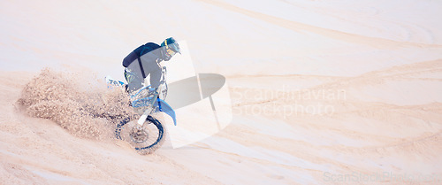 Image of Motorcycle, person and extreme sport in desert for training with fitness, balance or challenge in nature on mock up space. Bike, freedom and adventure for competition and talent with safety gear