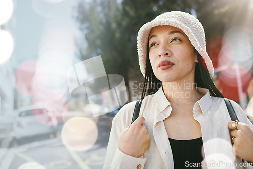 Image of Thinking, fashion and woman in city on bokeh to travel, freedom and adventure. Dream, style and person in urban town on journey, trip or vision of idea for tourist on summer holiday in street outdoor