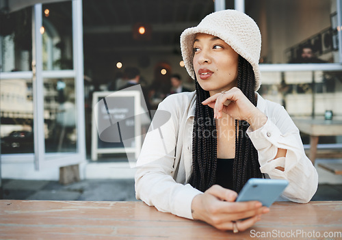 Image of Thinking, woman and phone for communication, social media and internet chat with technology or connectivity. Smartphone, person and connection or online scroll for information, conversation and text