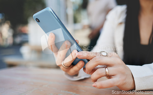 Image of Woman, phone and hand with bokeh for communication, social network and internet chat with technology. Smartphone, person and connection or online scroll for information, conversation and texting