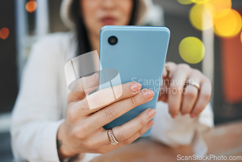 Image of Phone, woman and hand with bokeh for communication, social network and internet chat with technology. Smartphone, person and connection or online scroll for information, conversation and texting