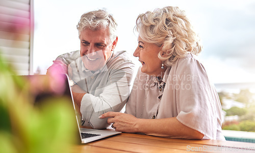 Image of Happy, email and senior couple with a laptop for communication, home budget or ecommerce. Online banking, love and an elderly man and woman with a computer for planning retirement or working on tech