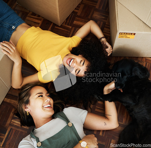 Image of New home, dog and happy couple of friends moving, relax and bond on house, real estate or property floor. Animal pet, boxes and laughing lesbian women, gay partner or homeowner people in relocation