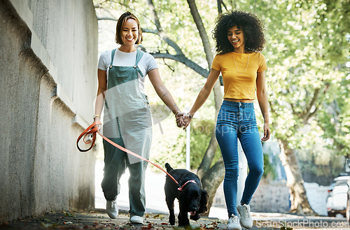 Image of Smile, holding hands and lesbian couple walking with dog in city street for exercise, bonding and fun. Love, animal and interracial young lgbtq women in town road with puppy for fresh air together.