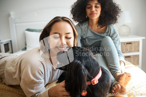 Image of Dog, bed and happy with lesbian couple and love in home, morning and relax together in healthy relationship, play connection and lgbtq. Pet, bedroom and women with animal, bonding and care in house