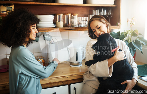 Image of Love, dog and morning with lesbian couple in kitchen for relax, support and care. Canine animal, happy and smile with gay women and pet puppy at home for bonding, playful and happiness together