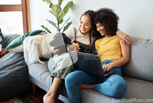 Image of Dog, laptop or gay couple hug on sofa to relax together in healthy relationship love connection. Lgbtq, home or happy lesbian women with a pet animal to bond on living room couch for remote work