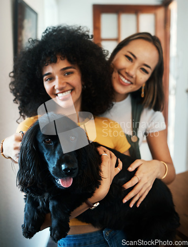 Image of Women, portrait and holding dog with smile in living room of home for puppy, love and happiness indoor. Labrador, animal and people together in house with cuddling and care for bonding and loyalty