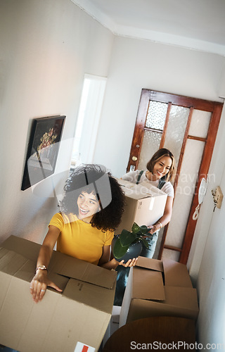 Image of Boxes, homeowner and couple with love, lesbian or moving with real estate, achievement or excited. Queer people, happy women or girls with marriage, goals or new apartment with happiness or property