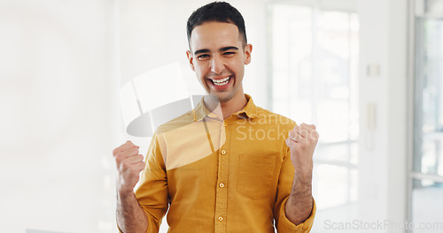 Image of Celebration, winner and portrait of business man in office for bonus promotion, victory and goal. Face, excited professional and fist pump for achievement of success, target and winning lottery prize