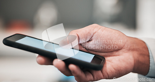 Image of Man, hand and phone, scroll online for email or social media post with user experience on blurred background. Typing, internet search and connectivity on smartphone, contact and networking with tech.