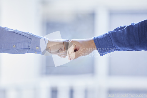 Image of Business people, hands and fist bump of success, support and power of teamwork, respect and winning deal. Closeup, employees and collaboration to celebrate solidarity, partnership and emoji for trust