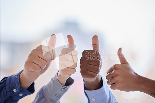 Image of Business people, hands and thumbs up for teamwork, success and agreement with mockup space. Closeup, group and employees show like emoji, yes sign and thank you for collaboration, support and winning