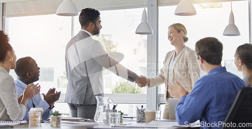 Image of Handshake, applause and team of business people meeting for partnership, deal or agreement in office. Happy group clapping for collaboration, shaking hands and b2b integration, acquisition or success