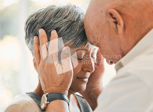 Image of Forehead, marriage and senior couple with love, care and trust with bonding, happiness and peace. Romance, old man and elderly woman connect, home and calm with relationship, retirement and support