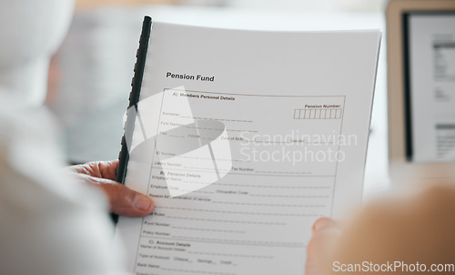Image of Person, hands and documents for pension fund, application or paperwork in retirement at home. Closeup of elderly or retired form, contract or plan for old age allowance, funding or insurance in house