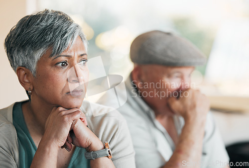 Image of Face of couple, fight and conflict of divorce for breakup, argument and ignore partner at home. Sad, depressed and mature woman thinking of stress, crisis and frustrated for drama of marriage failure