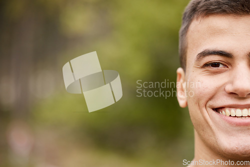 Image of Smile, half portrait and a man in nature for fitness, exercise or a workout on bokeh. Happy, face and an athlete or person in a park for training, sport or running on mockup space for cardio