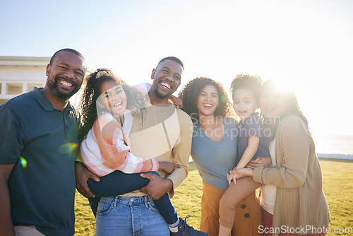 Image of Portrait of parents, grandparents and children outdoor laughing together on funny vacation in summer. African family at a holiday house with happiness of men, women and kids for generation love