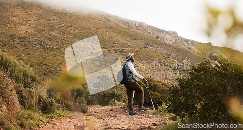 Image of Hiking, thinking or black man on mountain in nature for trekking journey or adventure for freedom. Stick, holiday vacation or African hiker on walking break in park for exercise, fitness or wellness