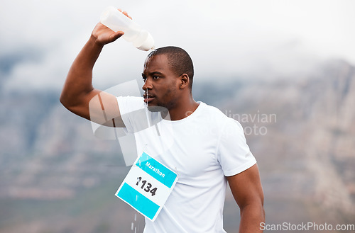 Image of Marathon, pour water or tired runner running on road for exercise, fitness training or outdoor workout. Sports race, black man or exhausted athlete on street with endurance or fatigue in challenge