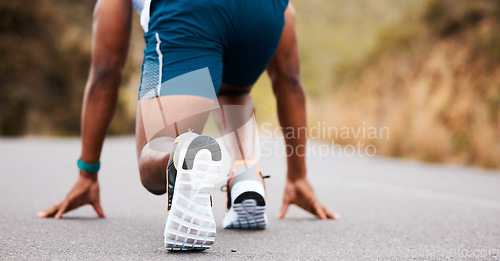 Image of Fitness, start or runner running on a road by nature for exercise, training or outdoor workout. Sports race, fast man or closeup of active athlete on street with endurance, freedom or challenge