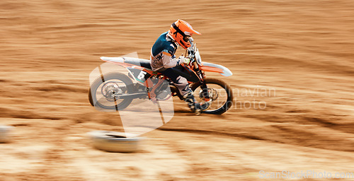 Image of Motorcycle, driving and motion blur with a man on space in the desert for dirt biking. Bike, fitness and power with a fast person on an off road course for sports, freedom or performance challenge