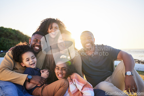 Image of Children, parents and grandparents portrait outdoor at beach to relax for summer vacation. Happy men, women and kids or family together at sunset for holiday with love, care and fun bonding on nature