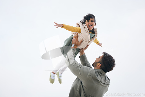 Image of Airplane, sky background mockup or child playing with father to relax or bond with love or care, Smile, outdoor flying space or excited Indian dad with a kid to enjoy fun games on a holiday together