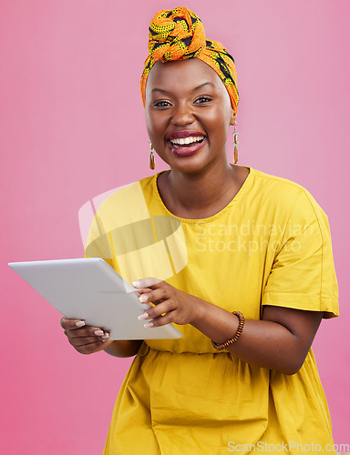 Image of Black woman, tablet and communication, funny meme on social media with chat, internet search and laugh in studio. Scroll online with comedy, African user with app and technology on pink background