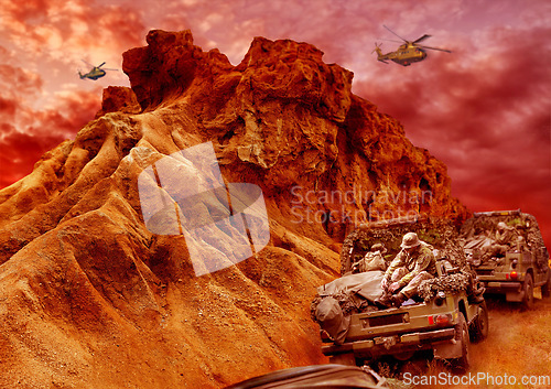 Image of War, desert and army, apocalypse and military transport with helicopter, explosion and destruction with conflict. Survival, mission and people fight on battlefield, action and post apocalyptic