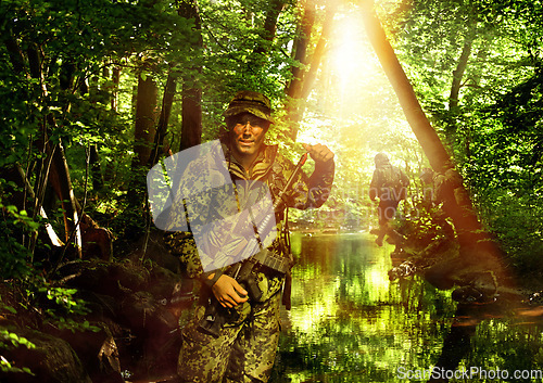 Image of War, jungle and man in army, military and nature with gun or weapon, conflict and warrior outdoor. Survival, mission and fight on battlefield, action with swamp or forest and portrait of soldier