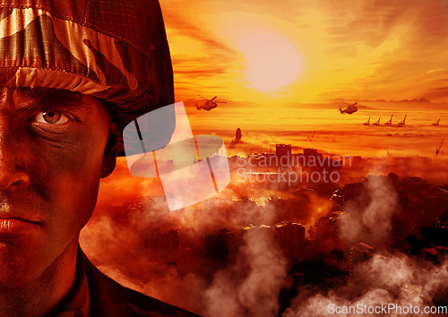 Image of Conflict, army and portrait of soldier with fire in warzone for service, military duty or battle in camouflage. Apocalypse, fight and face of man with helicopter for armed forces, defense or warfare