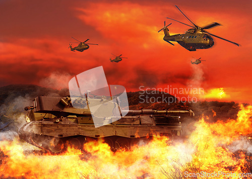 Image of Tank, military and helicopter with fire in explosion for service, army duty and conflict in city. Target, apocalypse and airforce with bombs for armed forces, defense and warfare in battlefield