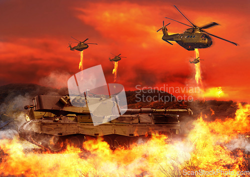 Image of Tank, army and helicopter with fire explosion for combat, military and conflict for fight in city. Warrior, apocalypse and airforce with bombs for armed forces, defense and warfare in battlefield