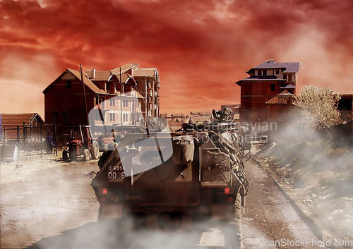 Image of War, apocalypse and military transport, army in a post apocalyptic background and conflict with smoke and dust. Survival, mission and warrior with fight on battlefield, action and tank for battle